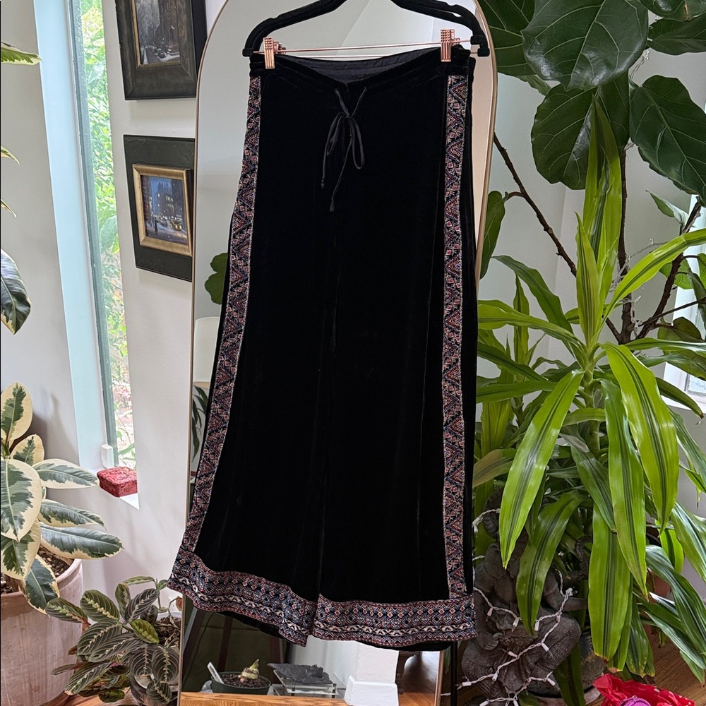 Johnny Was Black Wide Leg Pants with Embroidered Trim